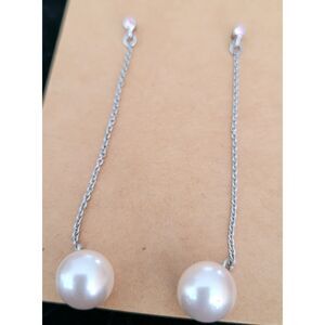 2-1/2" Faux Pearl Dangle on a Silver Chain from a Pink Crystal Post Earrings